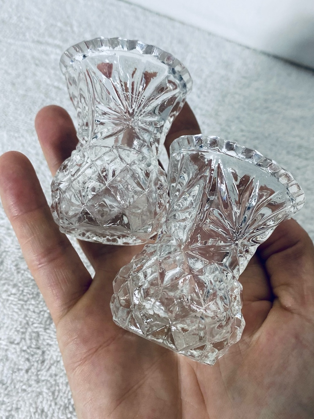 Vintage Clear Cut Glass Thistle Toothpick Holder Pair Small Miniature Bud Vases